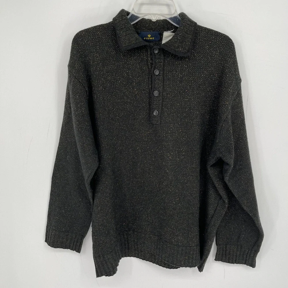 Fiume Men's Gray Speckled Wool Blend Quarter Button Polo Sweater Size XL